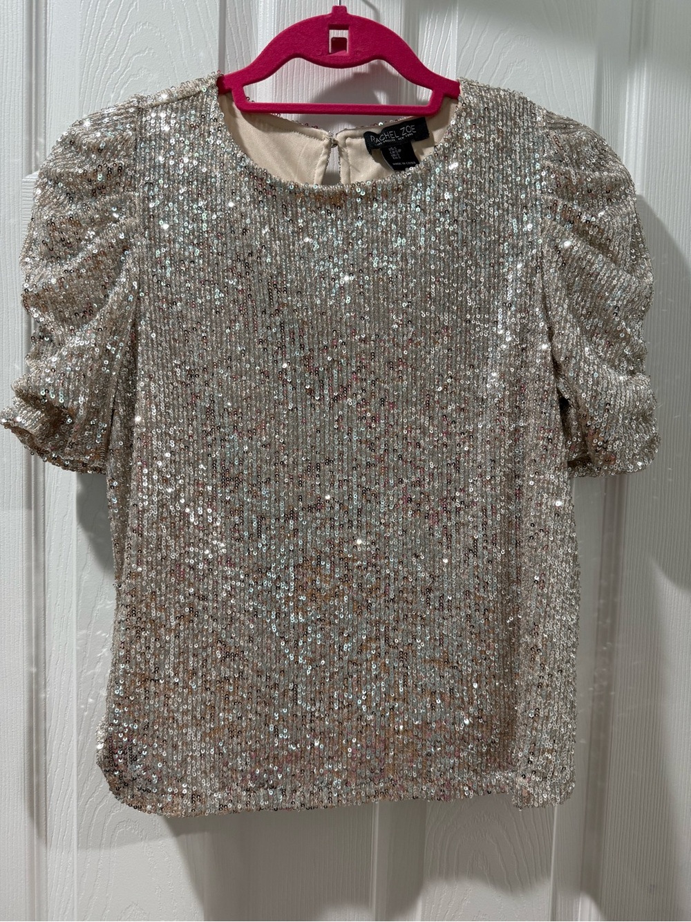 Rachel Zoe Metallic Champagne Sequin Puff Sleeve Blouse